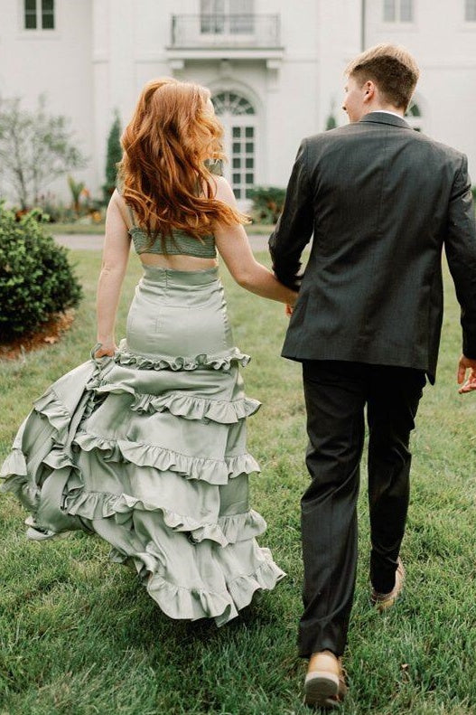 Low V-Neck Spaghetti Straps Tiered Ruffled Bridesmaid/ Prom Dress