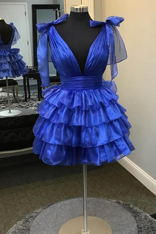 Low V-Neck Straps Backless Tulle A-Line Tiered Homecoming Dress