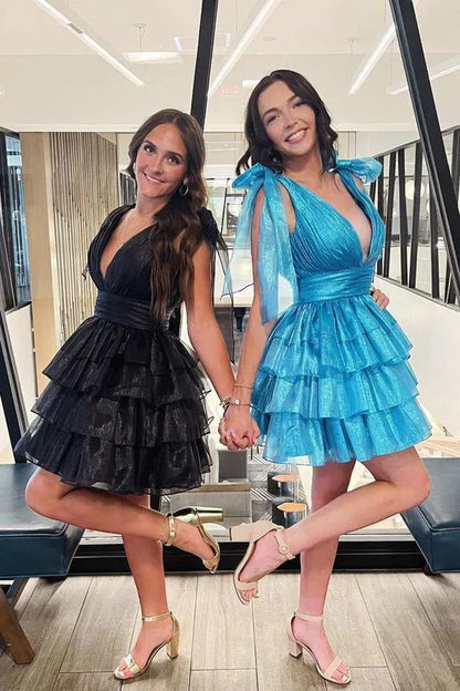 Low V-Neck Straps Backless Tulle A-Line Tiered Homecoming Dress