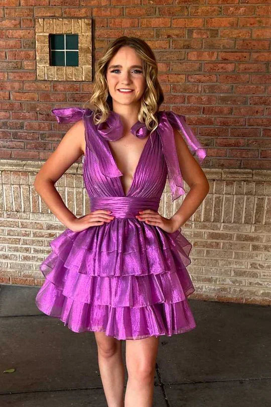 Low V-Neck Straps Backless Tulle A-Line Tiered Homecoming Dress