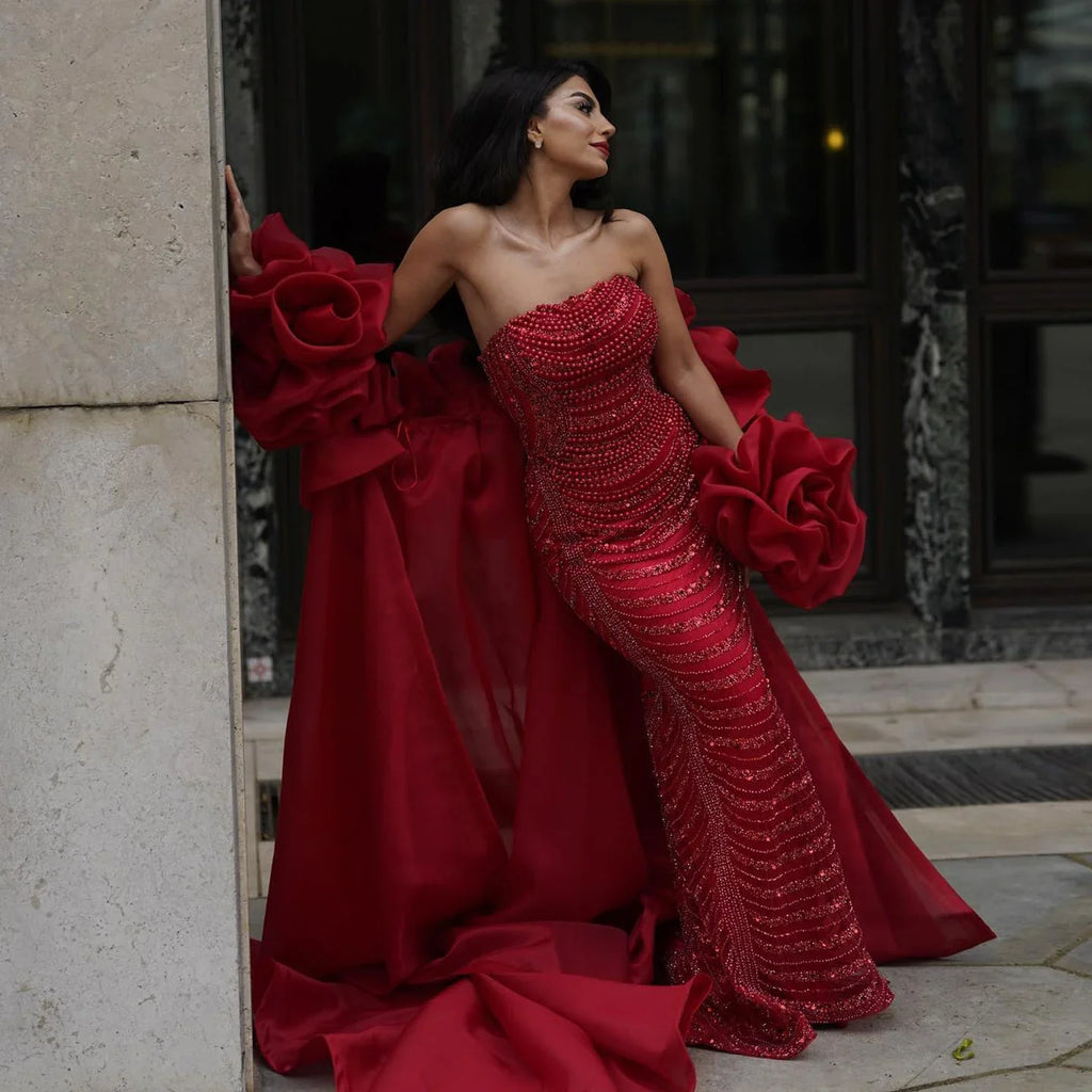 Gorgeous Burgundy Beaded Strapless Cape Design Sheath Long Prom Dress Evening Dress TP4560