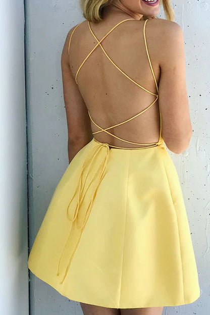 Bateau Spaghetti Straps Lace Up Homecoming Dress With Pockets