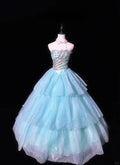 Gorgeous Shiny Blue Beaded Strapless Sweet 16 Quinceanera A-Line Floor-length Prom Dress Evening Dress Ball Gown TP4379
