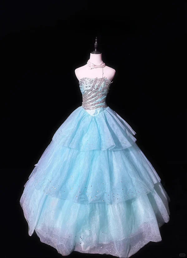 Gorgeous Shiny Blue Beaded Strapless Sweet 16 Quinceanera A-Line Floor-length Prom Dress Evening Dress Ball Gown TP4379