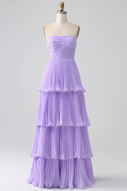 Hunter Green Strapless A-line Layers Long Prom Dress
