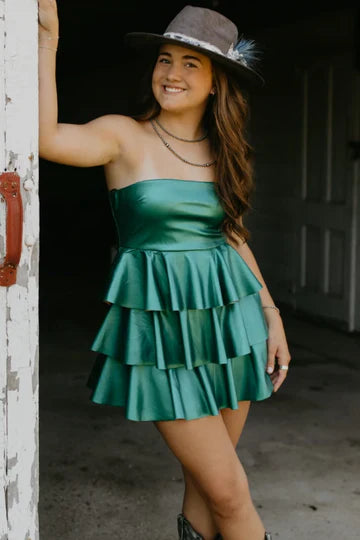 Satin A-Line Strapless Tiered Short Party Homecoming Dress