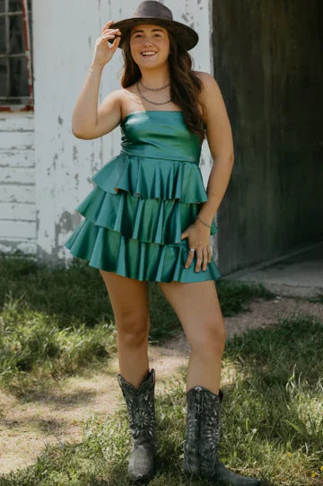 Satin A-Line Strapless Tiered Short Party Homecoming Dress