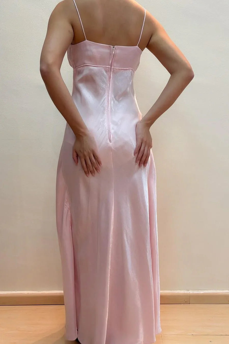 girlhomeshops-- Fairy dress pink A-line spaghetti strap high waist sleeveless long satin ball gown gh5724