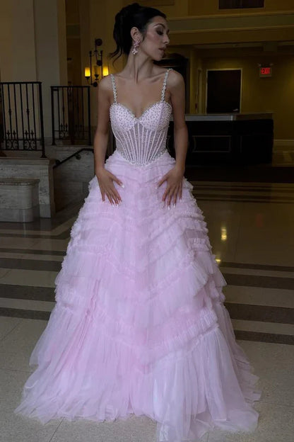 Sweetheart Beaded Straps Tiered Tulle A-Line Party Prom Dress