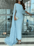 Party Dresses for Wedding,Sky Blue Formal Dress Feather Tail