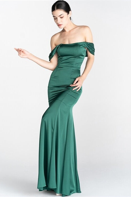 Green Satin Mermaid Off-Shoulder Long Party Prom Dress