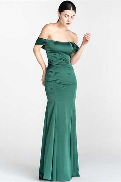 Green Satin Mermaid Off-Shoulder Long Party Prom Dress