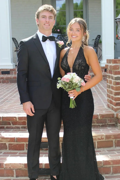 Mermaid Lace V-Neck Halter Open Back Formal Party Prom Dress