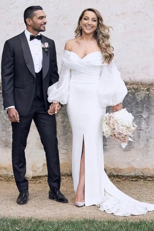 Mermaid Off-Shoulder Long Sleeves Beach Wedding Dress