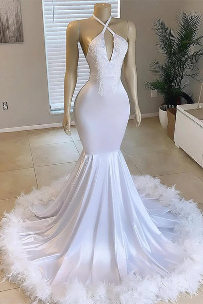 Mermaid Satin And Feather Halter Sleeveless Prom Dress For Black Girls
