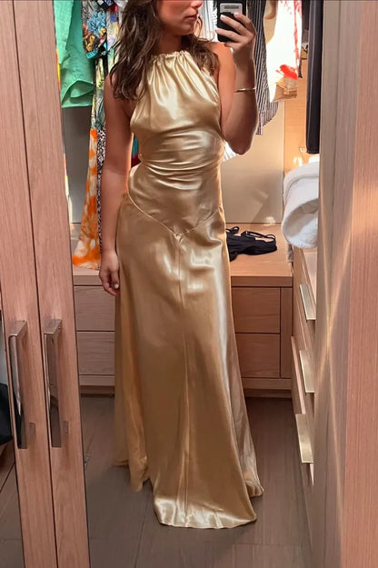 Mermaid Satin High Neck Lace Up Casual Party Evening Dress
