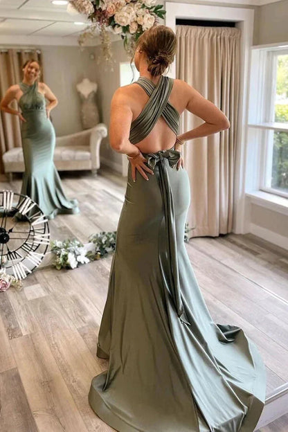 Mermaid Satin Low V-Neck Open Back Bridesmaid Dress