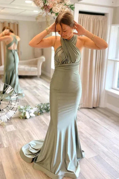 Mermaid Satin Low V-Neck Open Back Bridesmaid Dress