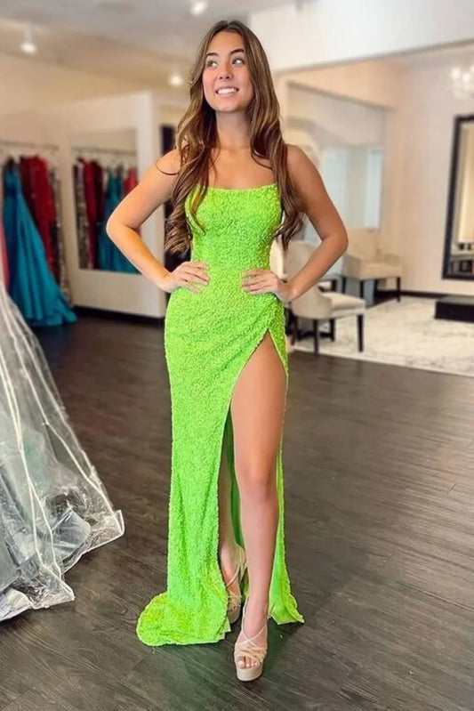 Mermaid Sequins Bateau Sleeveless Party Prom Dress With Slit