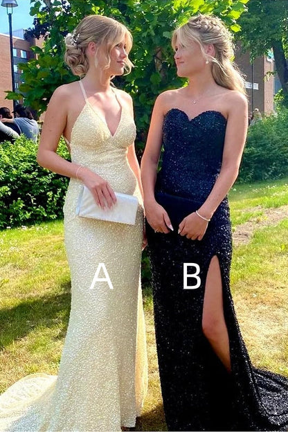 Mermaid Sleeveless Empire Sequins Long Party Prom Dress With Train