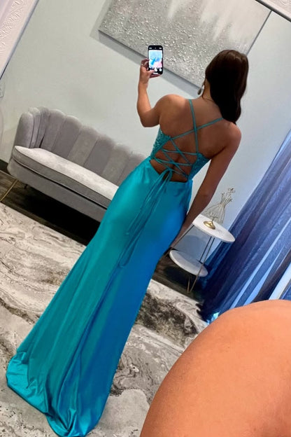 Mermaid Spaghetti Straps Lace Up Appliques Party Prom Dress