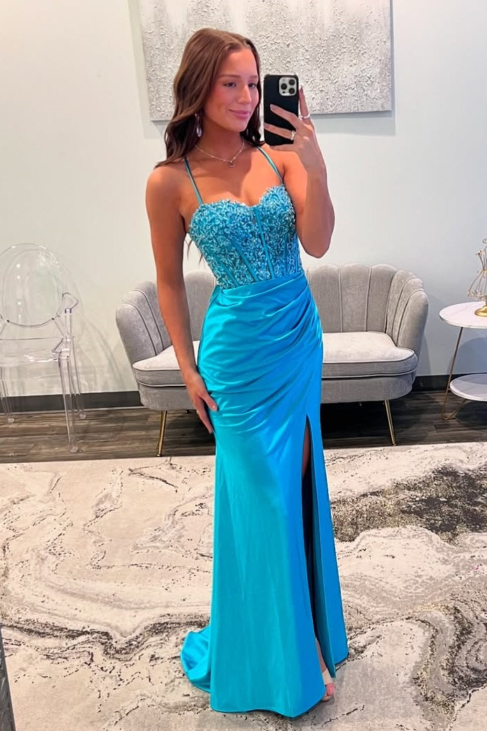 Mermaid Spaghetti Straps Lace Up Appliques Party Prom Dress