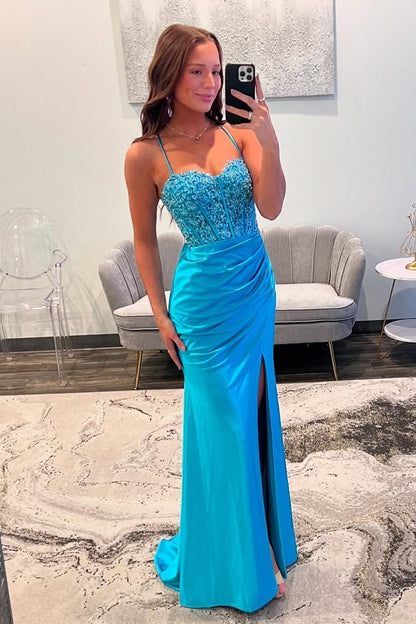 Mermaid Spaghetti Straps Lace Up Appliques Party Prom Dress
