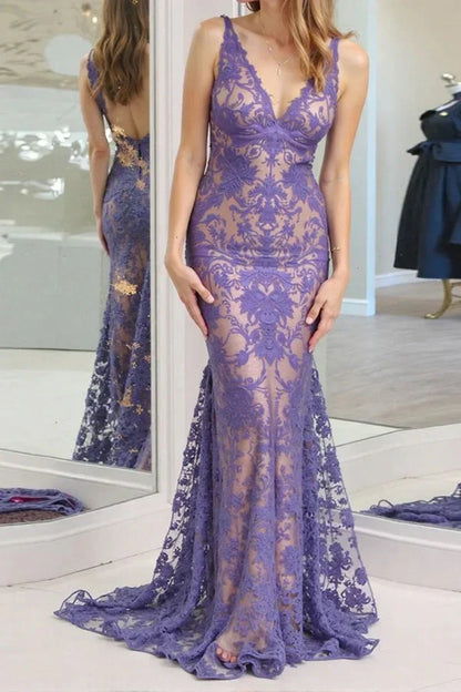 Mermaid V-Neck Backless Lace Party Prom Dress With Train