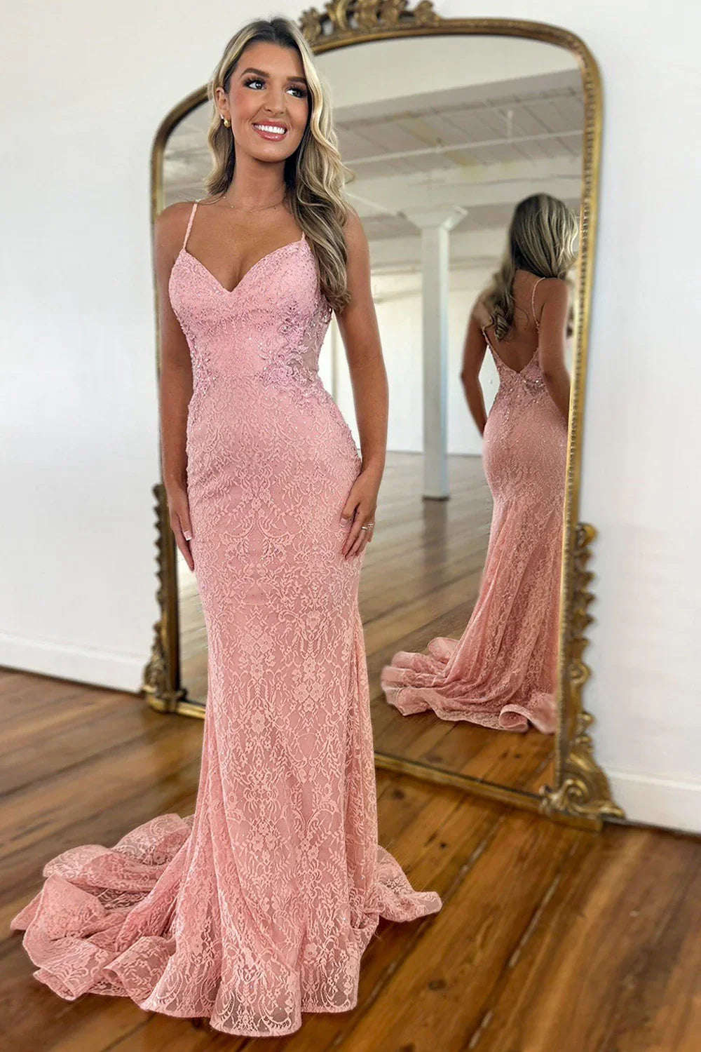 Mermaid V-Neck Open Back Lace Formal Party Prom Dress