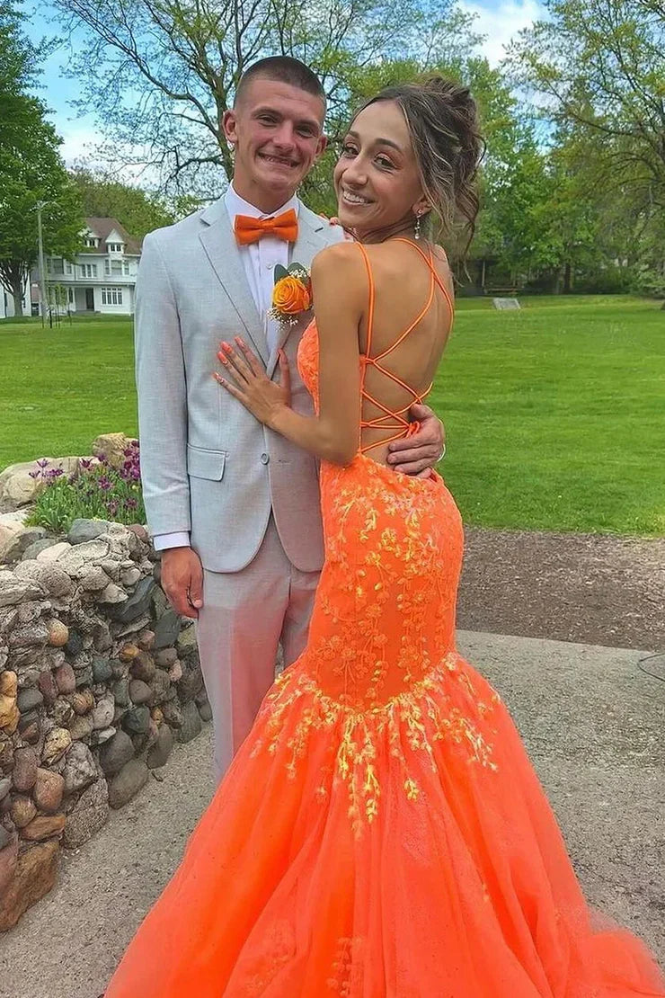 Mermaid V-Neck Spaghetti Straps Appliques Formal Prom Dress
