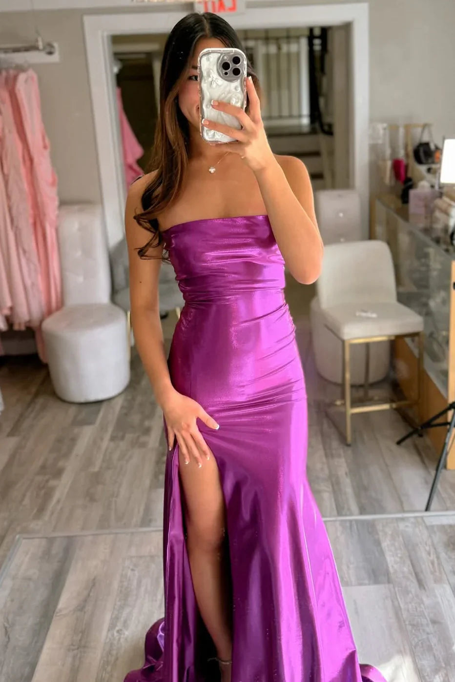 Metallic Texture Strapless Lace-Up Mermaid Leg Slit Party Prom Dress