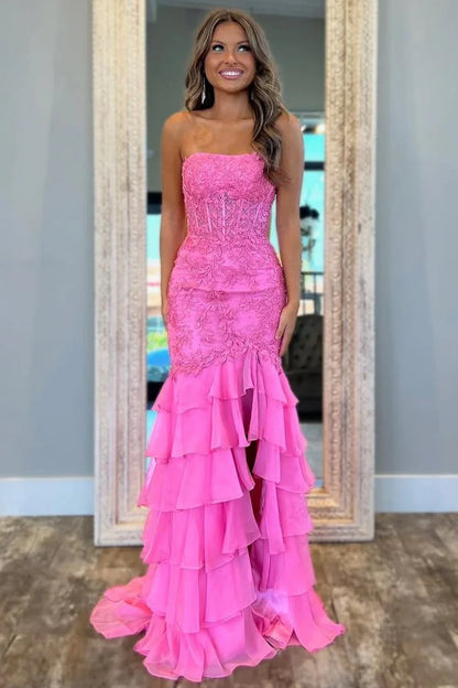 Strapless Empire Lace And Chiffon Tiered Train Formal Party Dress