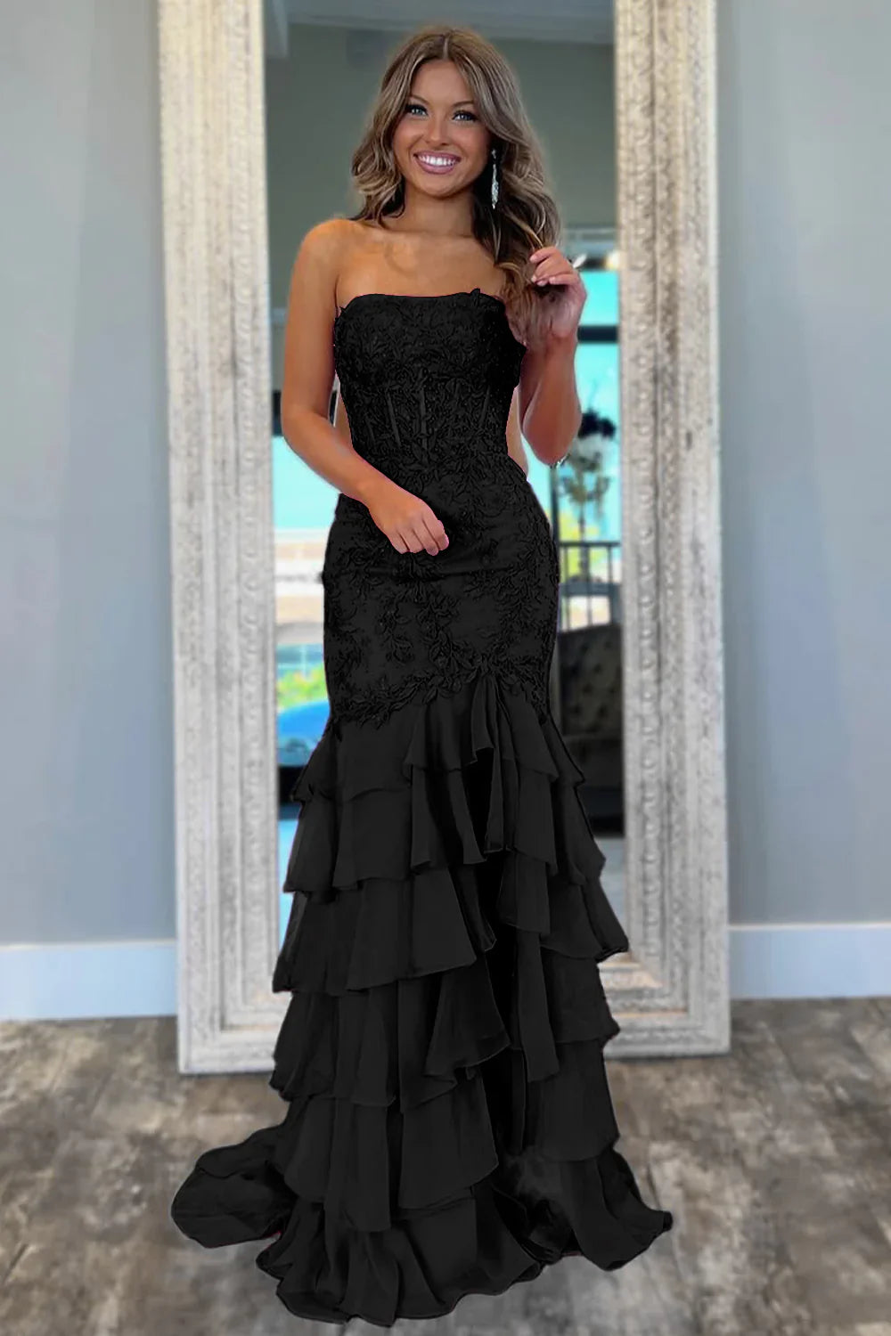 Strapless Empire Lace And Chiffon Tiered Train Formal Party Dress