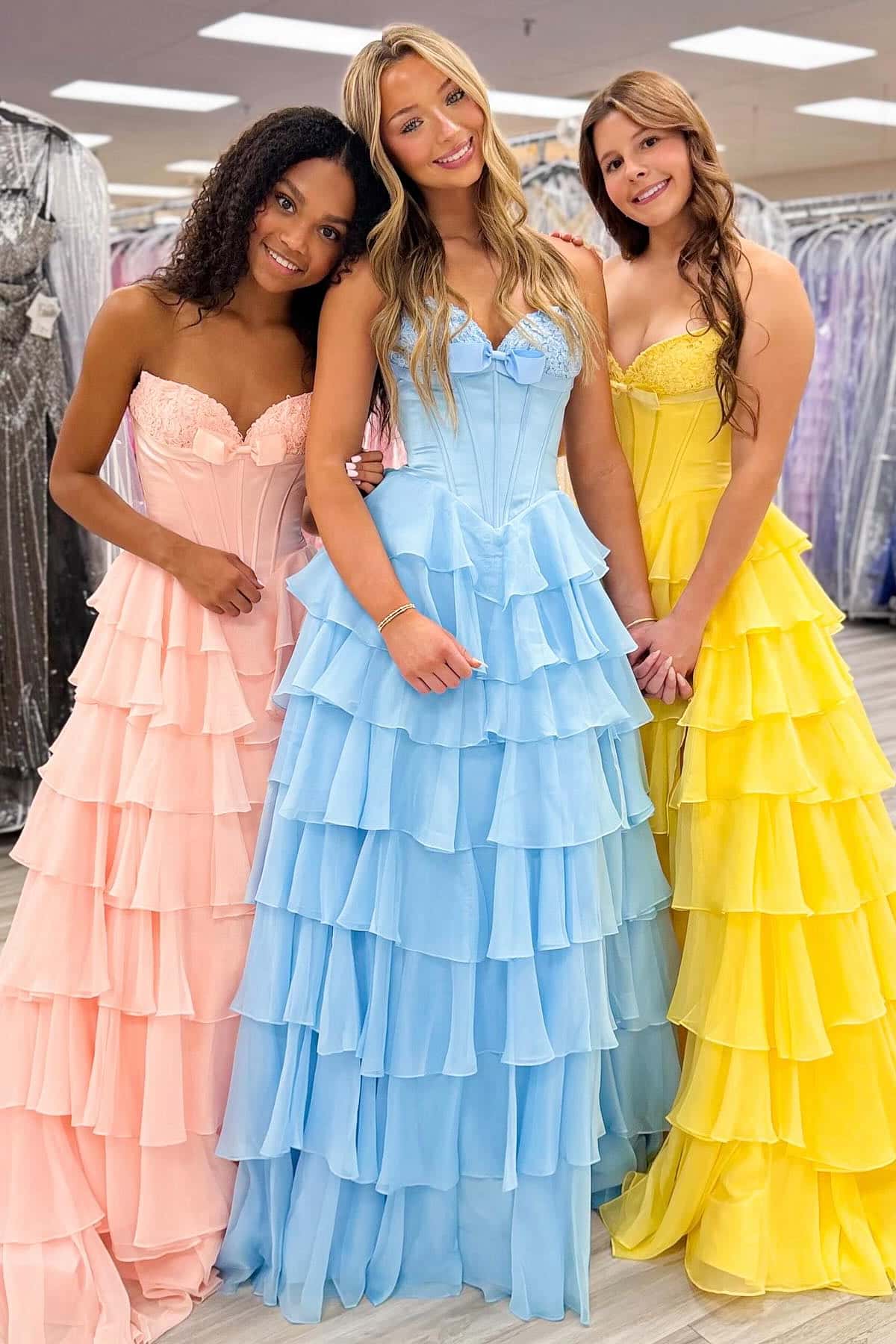 Modest A-Line Empire Strapless Tiered Party Prom Dress With Bow