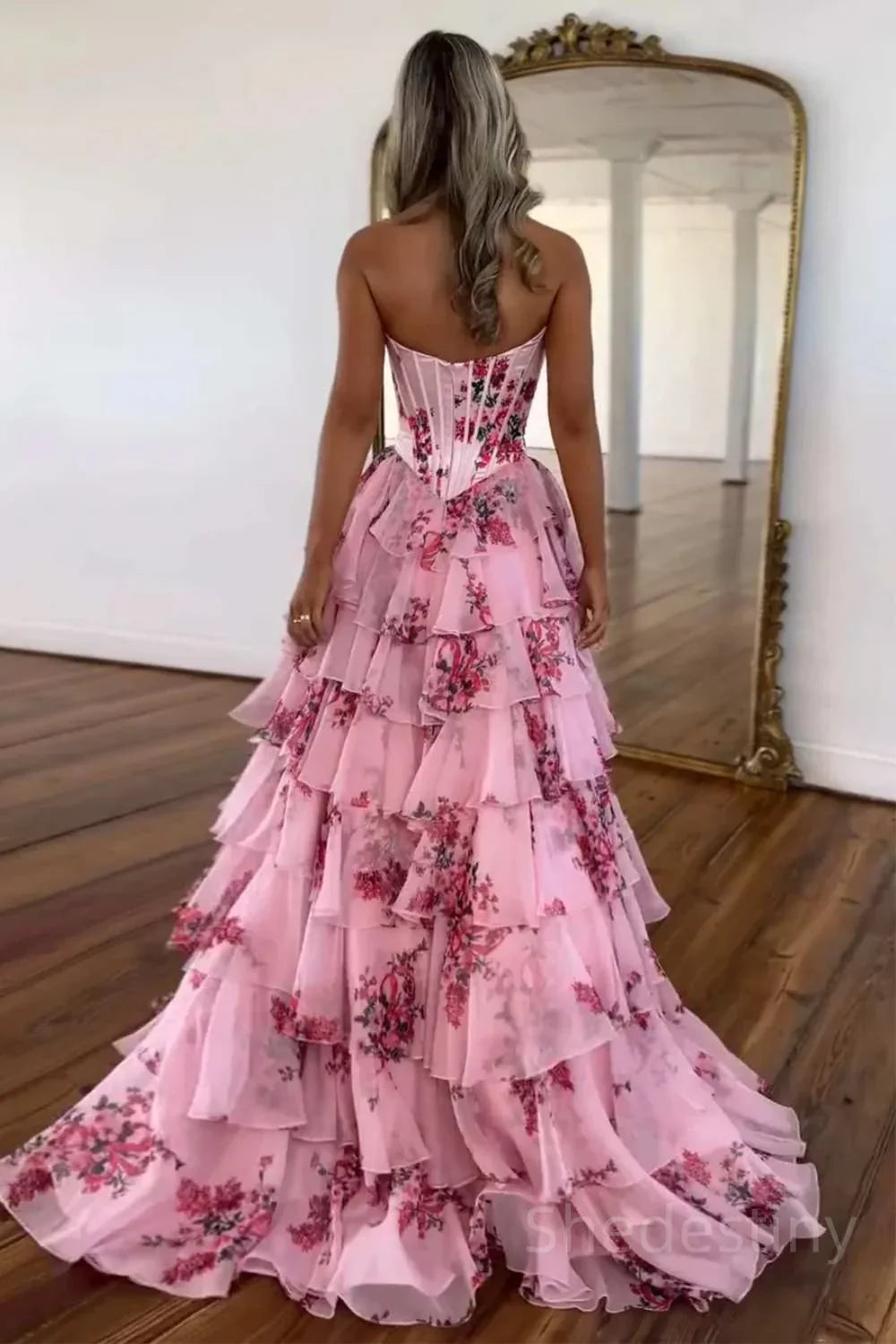 Modest A-Line Empire Sweetheart Strapless Floral Tiered Party Prom Dress