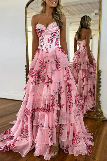 Modest A-Line Empire Sweetheart Strapless Floral Tiered Party Prom Dress