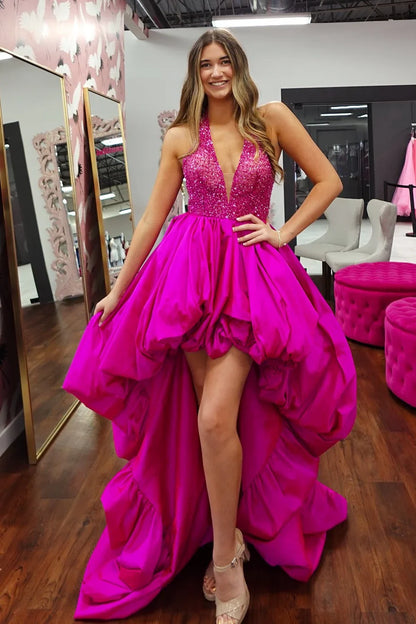 Modest A-Line V-Neck Halter Two Tone High Low Party Prom Dress