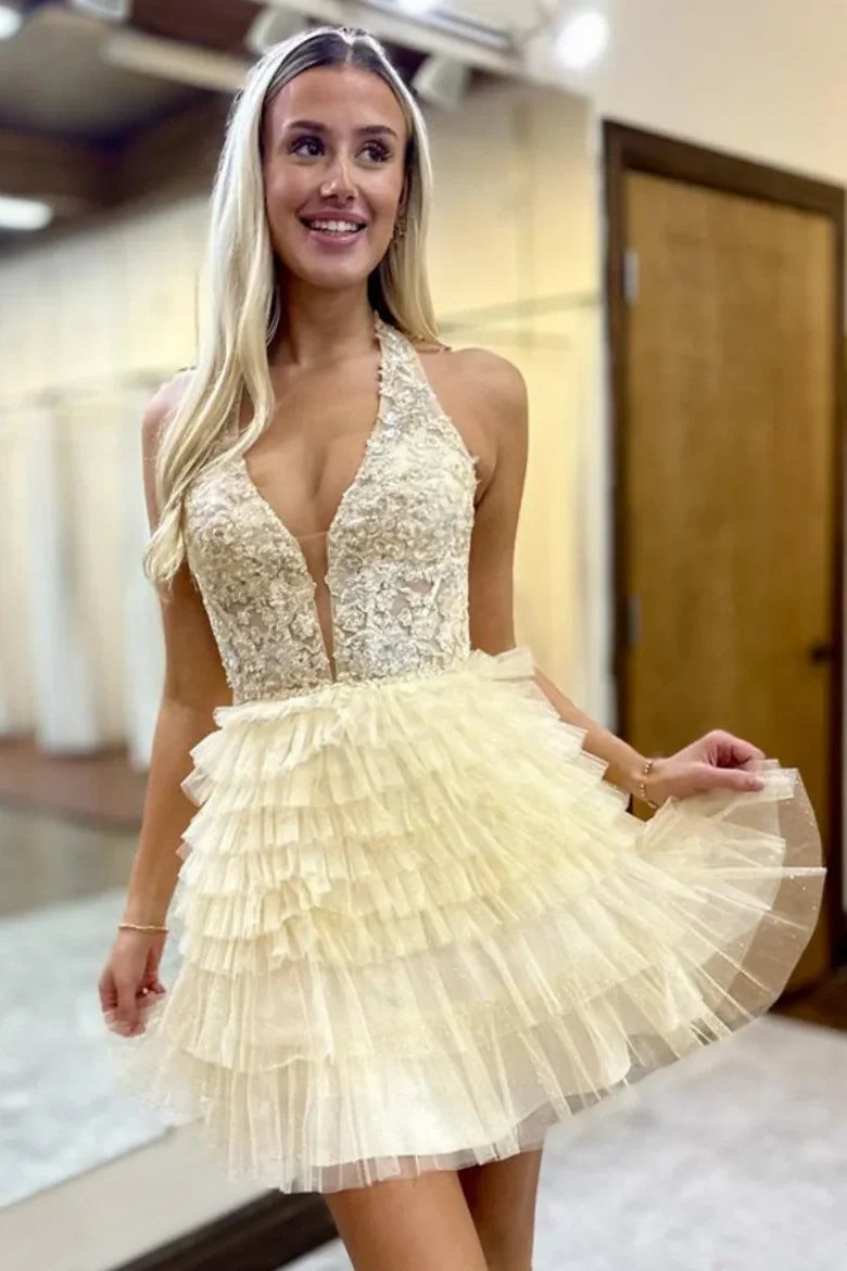 Modest A-Line V-Neck Halter Two Tone Homecoming Dress