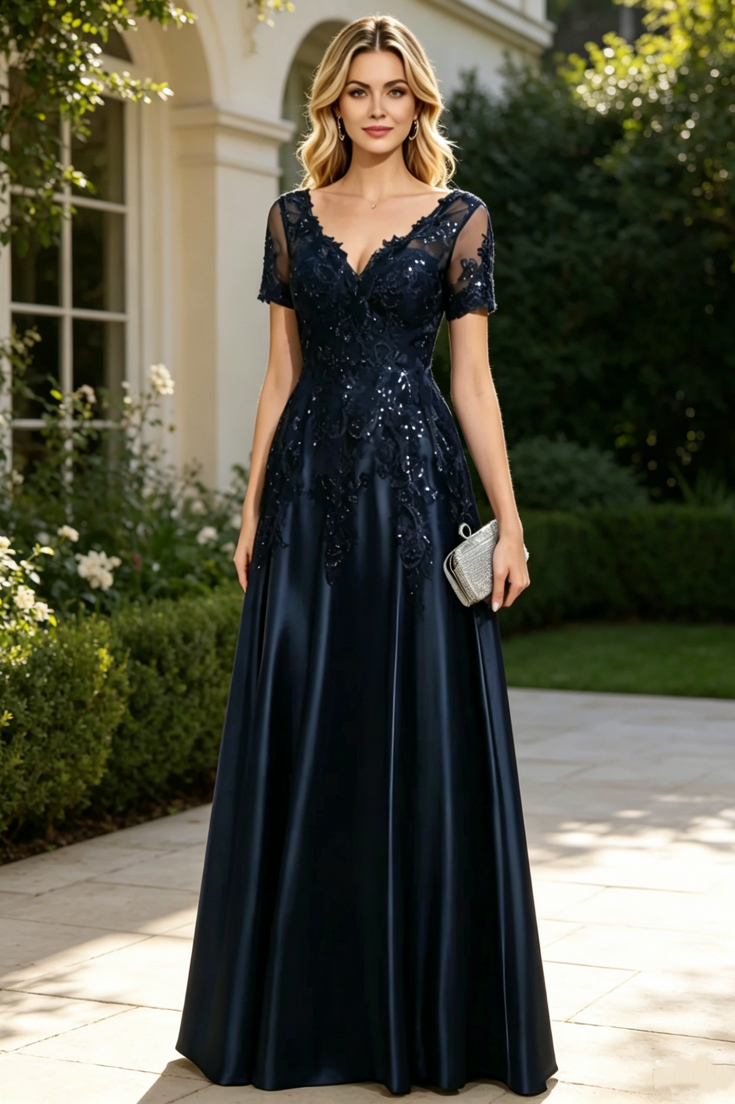 Modest A-Line V-Neck Short Sleeves Floor-Length Mother Of The Bride Dress