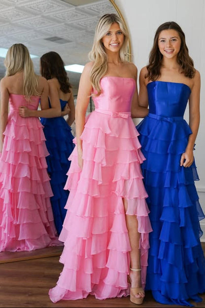 Modest Chiffon A-Line Strapless Empire Tiered Party Prom Dress
