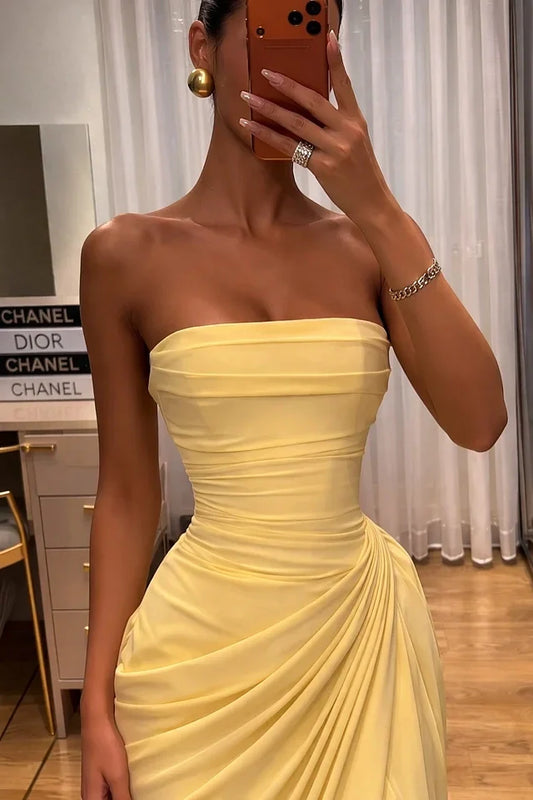 Modest Chiffon Strapless Pleated Empire Mermaid Party Prom Dress