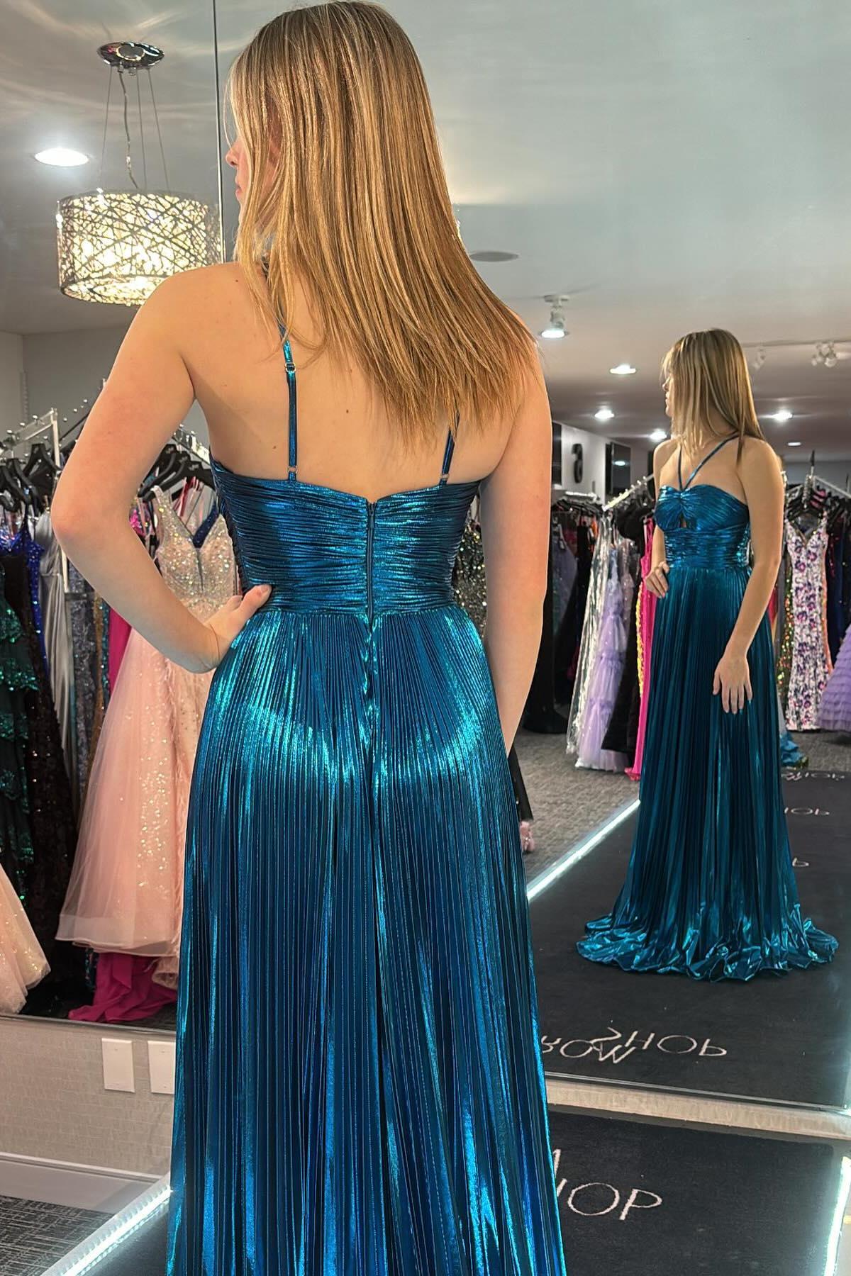 Modest Halter Sleeveless Satin A-Line Party Prom Dress With Slit