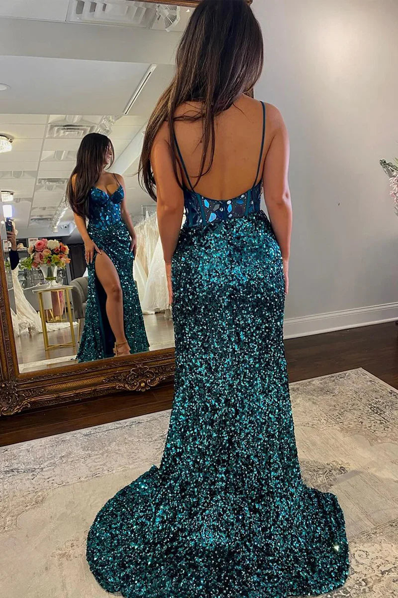 Modest Low V-Neck Mermaid Sequins And Beaded Party Prom Dress