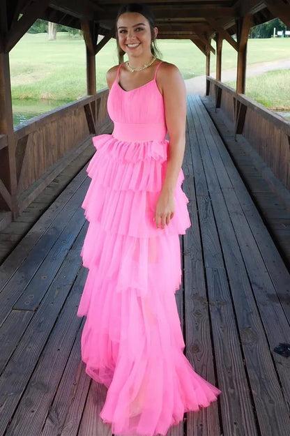 Modest Pink Chiffon A-Line Bateau Sleeveless Tiered Party Prom Dress