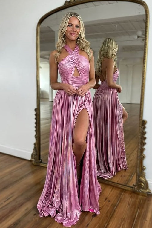 Modest Satin A-Line Halter Backless Party Prom Dress With Slit