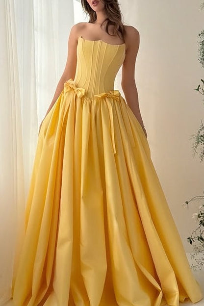 Modest Satin A-Line Strapless Bow Empire Pleated Party Prom Dress