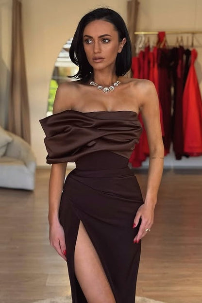 Modest Satin Fitted One Shoulder Party Prom Dress With High Slit