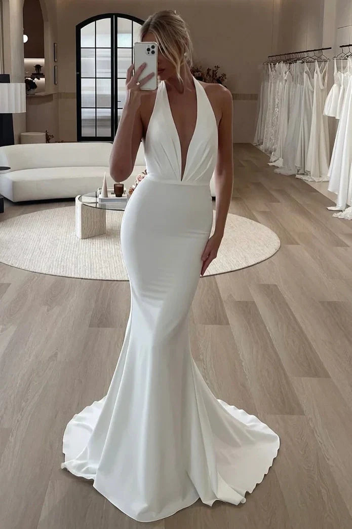 Modest Satin Mermaid Low V-Neck Halter Empire Wedding Dress