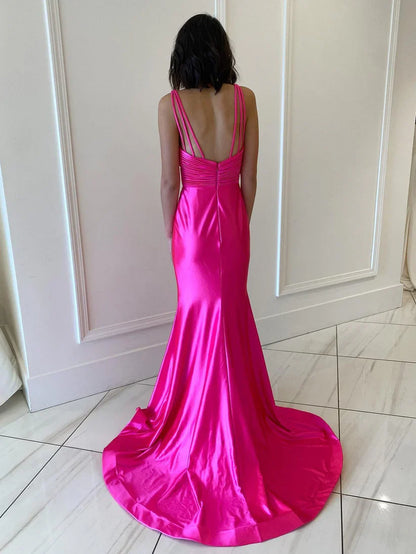 Modest Satin Mermaid V-Neck Sleeveless Party Prom Dress