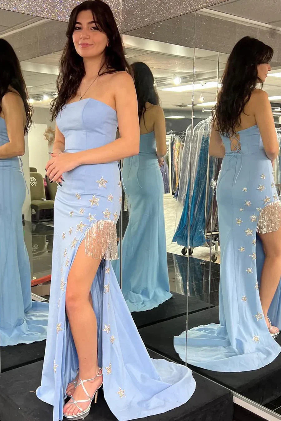 Modest Satin Strapless Empire Appliques Party Prom Dress